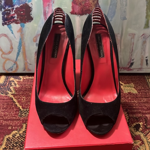 Sexy Charles Jourdan size 9.5 M Suede Peep Toe Heels - Picture 3 of 12